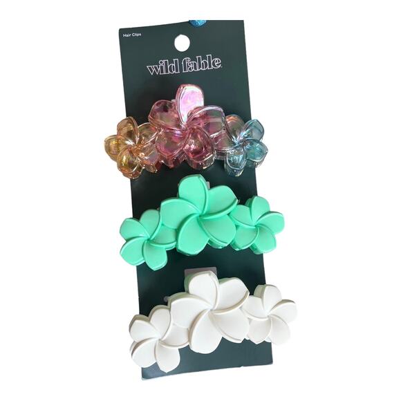 NEW Flower Ombre + Solid Claw Hair Clip Set 3pc Wild Fable Pink Green White NWT - Picture 2 of 5